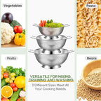 Bokon 3 Pcs Stainless Steel Colander Set Colander Bowl and Sieves 1/3/5 Quart Metal Mesh Strainer Net Basket with Handles Food Spaghetti Strainer for Kitchen Draining Pasta Rinsing(Silver)