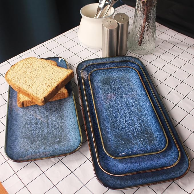 Ceramic Dinner Plates Dish Set,Set of 4, for Lunch snacks - Microwave, Oven & Dishwasher Safe,Scratch Resistant, Dinnerware Kitchen Porcelain Serving Dishes,Blue 12.4 Inch Rectangle plate