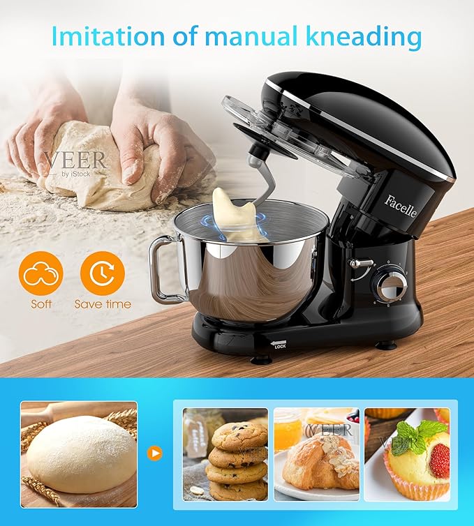 Facelle Stand Mixer, 660W 6 Speed Electric Kitchen Mixer with Pulse Button, Attachments include 6.5QT Bowl, Dishwasher Safe Beater,Dough Hook,Whisk & Splash Guard for Dough,Baking,Cakes,Cookie(Black)