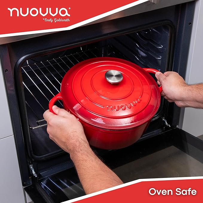 Cast Iron Dutch Oven with Lid – Non-Stick Ovenproof Enamelled Casserole Pot – Sturdy Dutch Oven Cookware – Red, 7.3-Quart, 30cm – by Nuovva