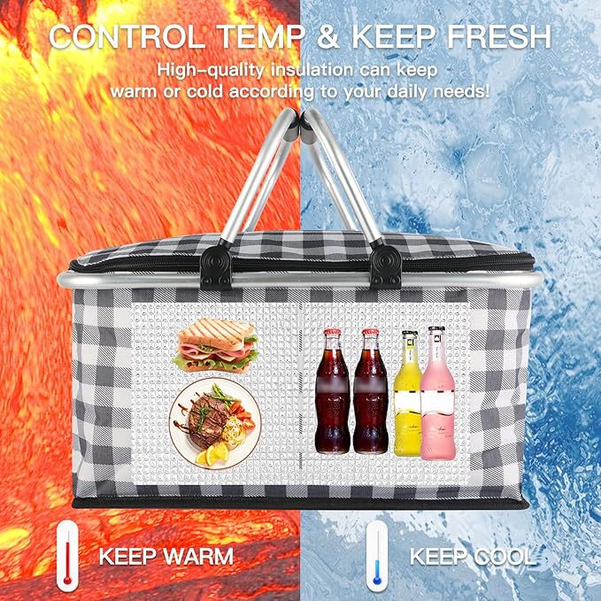 Insulated Picnic Basket,Collapsible Cooler Bag,32L Grocery Basket with Lid,2 Sturdy Handles,Storage Basket for Picnic,Food Delivery,Take Outs,Market Shopping,Travel (Black Grid)