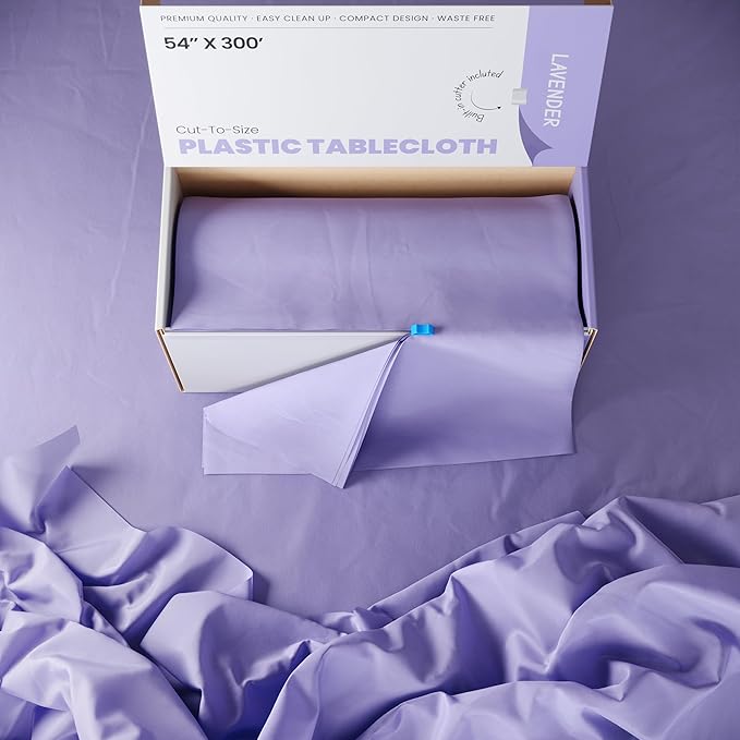 Exquisite Party Solids 54 Inch X 300 Feet Lavender Plastic Table Cover Roll in A Cut - to - Size Box with Convenient Slide Cutter. Cuts Up to 36 Rectangle 8 Feet Plastic Disposable Tablecloths