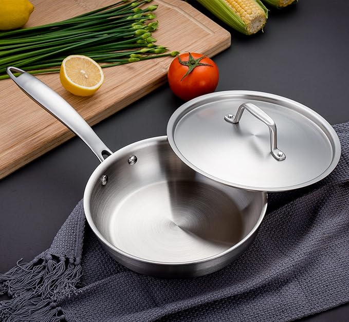 Fortune Candy 8-Inch Fry Pan with Lid, 3-ply Skillet, 18/8 Stainless Steel, Dishwasher Safe, Induction Ready, Silver