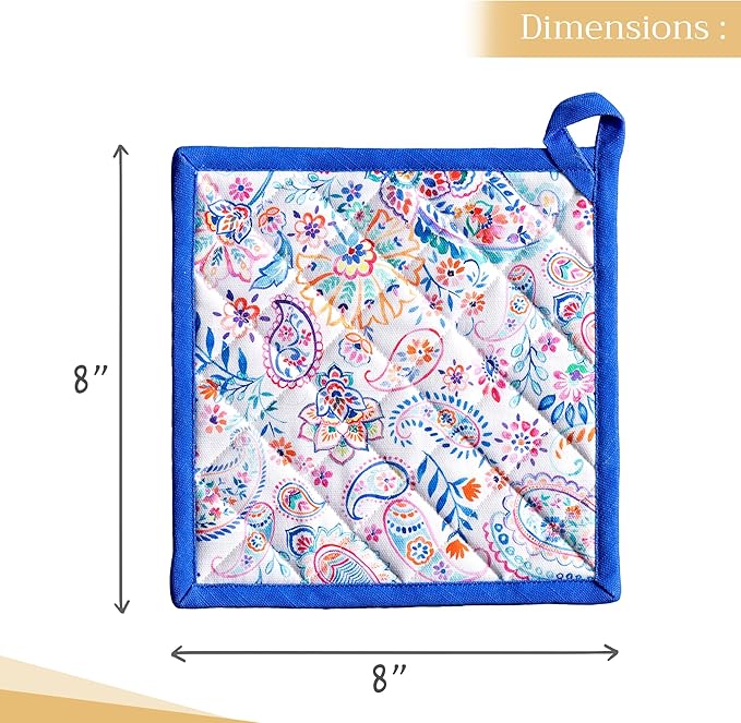 Maison d' Hermine Pot Holders Set 100% Cotton Heat Resistant Potholders 8" x 8" Hot Pads with Loop BBQ, Cooking, Baking, Grilling, Kitchen, Handling Hot Pans Spring/Summer (Pack of 2, Indian Floral)