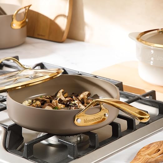 Bloomhouse - Two Time Oprah's Favorite Things Winner - 10 Inch Heavy Duty Aluminum Premium PFA Free Ceramic Nonstick Saute/Deep Frying Pan Skillet with Lid - Cappuccino Cream with Gold Handle