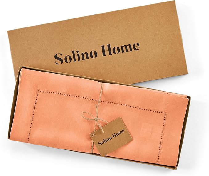 Solino Home Linen Coral Table Runner 144 Inches Long - 100% Pure Linen Extra Long Table Runner 14 x 144 Inch for Summer - Classic Hemstitch