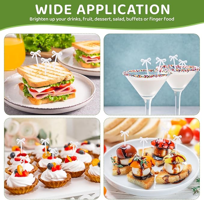 100Pcs Bow Cocktail Picks Party Toothpicks White Plastic Fruit Skewers Christmas Bow Drink Stirrers Cupcake Toppers Fancy Toothpick for Appetizers Drinks Wedding Coquette Birthday Bow Party Decor