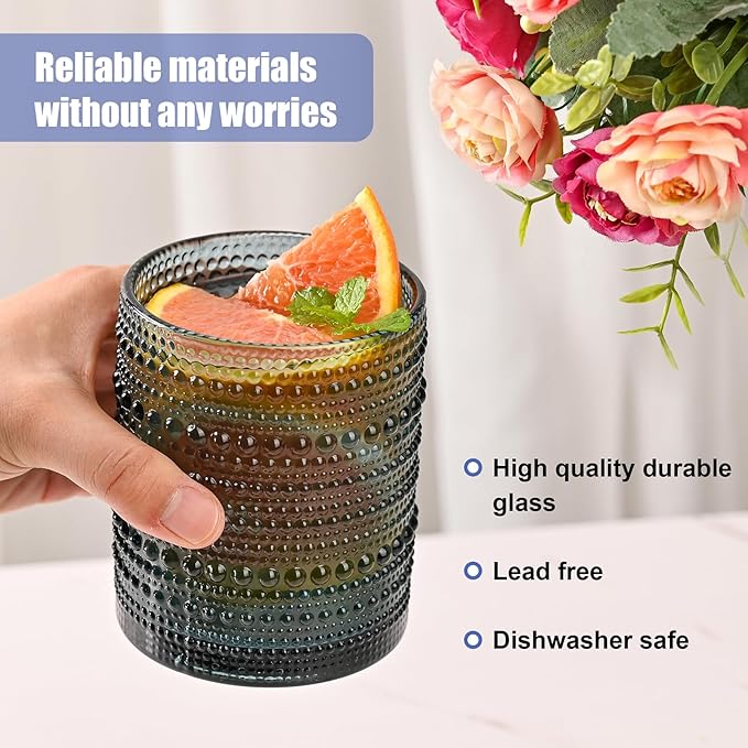 Vintage Glassware Drinking Glasses Set of 6,12 oz Hobnail Glass Cups,Embossed Blue Water Tumbler,for Beer,Cocktail,Whiskey,Juice and Various Mixed Drinks- 1 Cleaning Brush