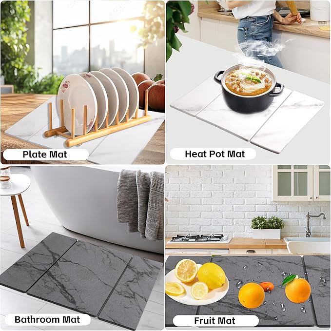 Quick Dry Collapsible Dish Drying Mat, Eco-Friendly Absorbent Diatomaceous Earth Mats for Dishes Bottles Cups 20"×16"Large Stone Dish Drying Mats for Kitchen Counter (Gray, 20"（L）×16"（W）)