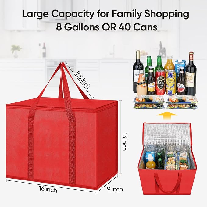 BALEINE 2Pk Insulated Reusable Grocery Bags, Collapsible Cooler Bag for Groceries, Heavy Duty Large Insulated Bag (Large, Bright Red)