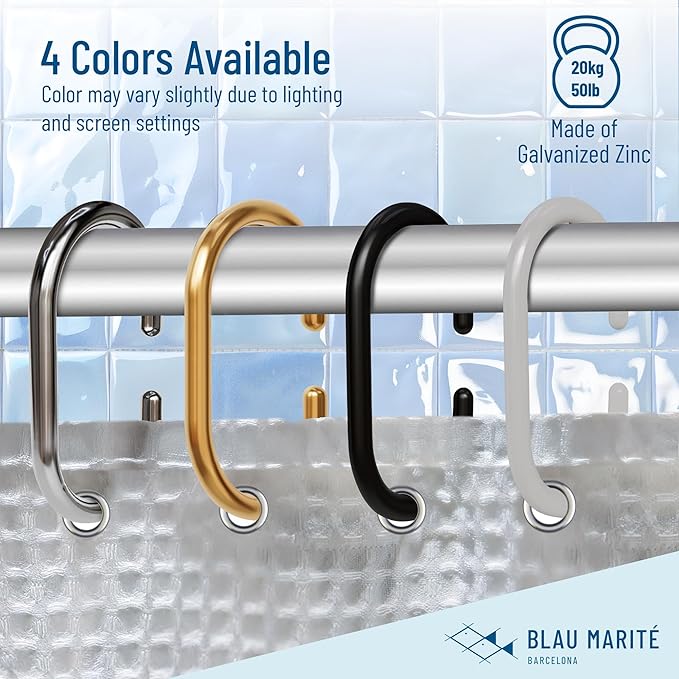 12 Metal Shower Curtain Hooks, Rust-Proof Decorative C-Shaped Curtain Hooks for Bathroom, White Shower Curtain Rings, Fits Rods Up to 1 Inch (C, White)