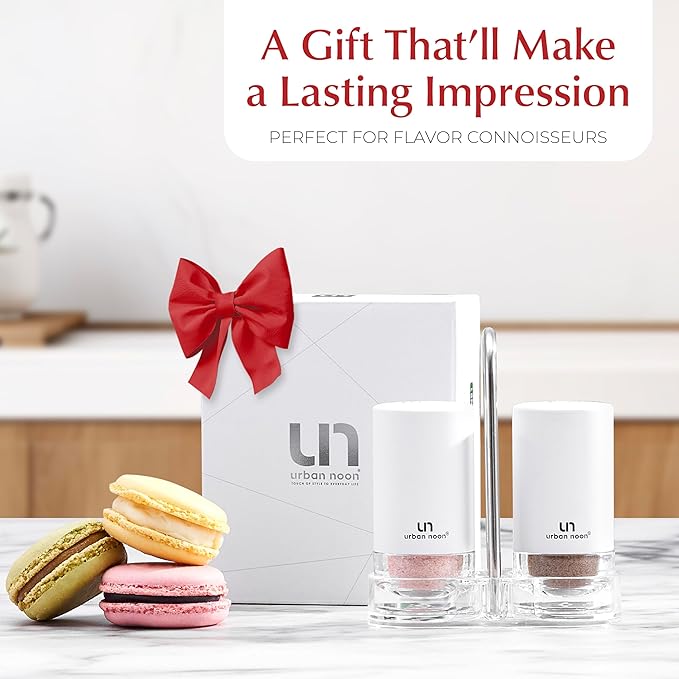 White Salt and Pepper Shakers with Holder - Elegant Stainless Steel Salt Shaker and Pepper Shaker Set with Acrylic Holder for Kitchen Counter or Restaurant Table