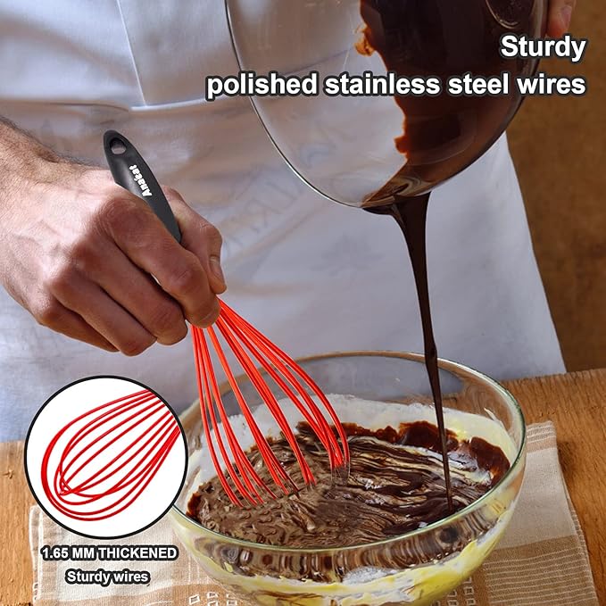 Anaeat Silicone Kitchen Whisk Set of 4, Perfect for Non-Stick Cookware, Milk and Egg Beater Blender for Whisking, Cooking, Baking, Beating - 11'' Flat Whisk and 8.5''+10.5''+12'' Balloon Whisks (Red)
