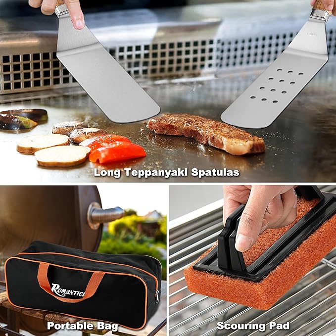 ROMANTICIST 29PCS Griddle Accessories Set - Flat Top Teppanyaki Spatula Set with Scraper, Basting Cover for Camp Chef- Home Cooking Griddle and Outdoor BBQ Gifts for Christmas