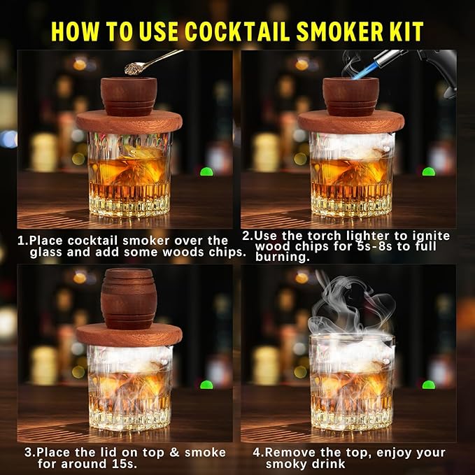 Whiskey Smoker Kit with Torch - 8 Natural Wood Chips Flavors, 2 Glasses, 2 Ice Molds - Cocktail Smoker Infuser Kit, Old Fashioned Smoker Kit, Birthday Bourbon Whiskey Gifts for Men, Dad