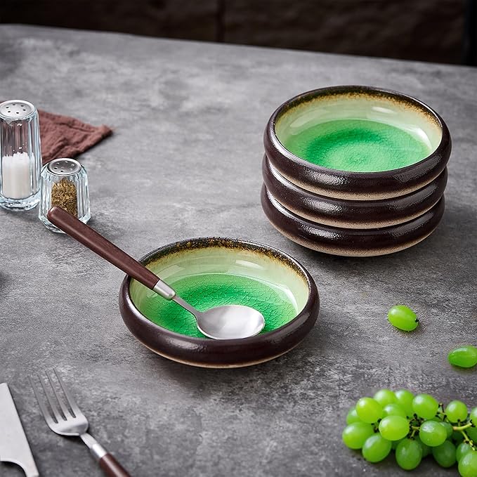 Ceramic Dinner Plates Set of 4, 6 Inch Large Porcelain Pasta and Salad Plates, Stoneware Plate Set for 4, Handmade Round Dishes for Home Decor, Microwave,Oven,and Dishwasher Safe, Green