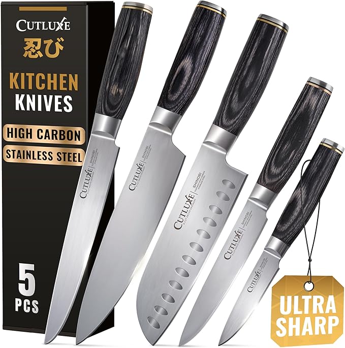 Cutluxe 5-Piece Chef Knife Set – Ultra Sharp Japanese Kitchen Knives, High Carbon Stainless Steel Blades, Full Tang Pakkawood Handles – Shinobi Series