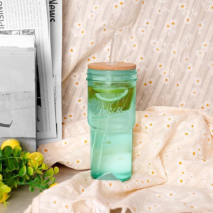 ANOTION Colored Glass Cups with Lids and Straws - 24oz Travel Coffee Mug Wide Mouth Mason Jar Iced Coffee Cup Smoothie Cup Glass Tumbler Tea Cup Clear Cute Water Cups Colorful Drinking Glasses