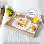 17" x 12" Wood Serving Tray with Gold Polished Metal Handles, Home Decorative Wooden Rectangle Ottoman Leather Decor Platter Bathroom Vanity Tray for All Occasions Khaki