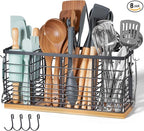 510 Ft³ Metal Extra Large Kitchen Utensil Holder with Wooden Base, 4 Compartments Organizer for Kitchen Countertop Matte Black Holder with 4 Hooks for Cooking Utensils & Tools Storage