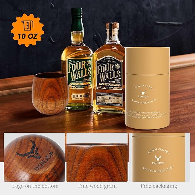 Original Wooden Bourbon Drinking Glass,Handcrafted Whiskey Glasses for Men,Great Anniversary Birthday Gifts for Men, Him, Dad, Husband, or Brother,10OZ 2 PACK