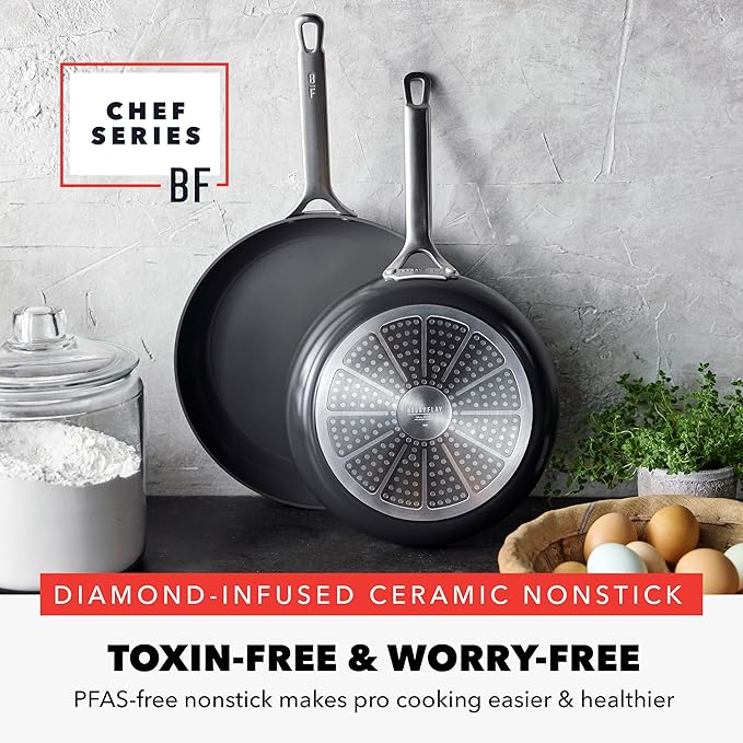 GreenPan x Bobby Flay 10” & 12” Hard Anodized Ceramic Nonstick Frying Pan Set, PFAS-Free, Induction Compatible Skillets, Oven & Broiler Safe to 600˚F, Dishwasher Safe, Black