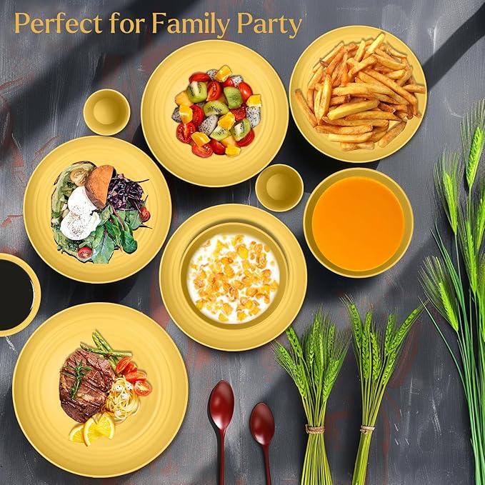 Wheat straw plates and bowls sets of 16 - Unbreakable wheat straw dinnerware sets for camping - Alternative plastic dinnerware set service for 4. Yellow