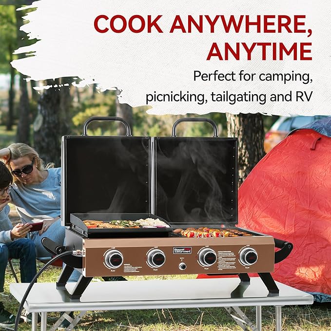 GD4002TPY Portable Tabletop Grill & Griddle Combo with Hood, 4-Burner Portable Propane Gas Grill Griddle Combo for Backyard, Camping, Picnicking and Tailgating, 40,000 BTU, Bronze Gold