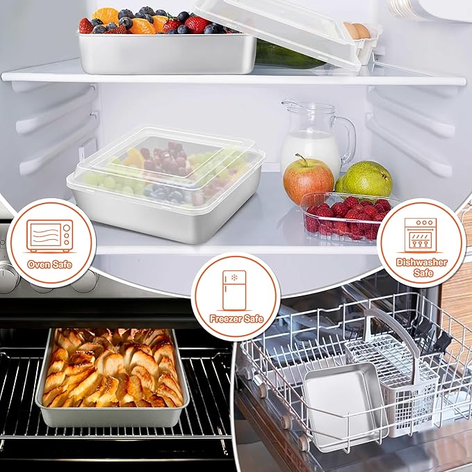 Herogo 8''x 8'' Square Cake Pan, Stainless Steel Square Baking Pan with Lid, Rectangle Cakes Brownie Lasagna Bakeware Set of 4, Healthy & Dishwasher Safe