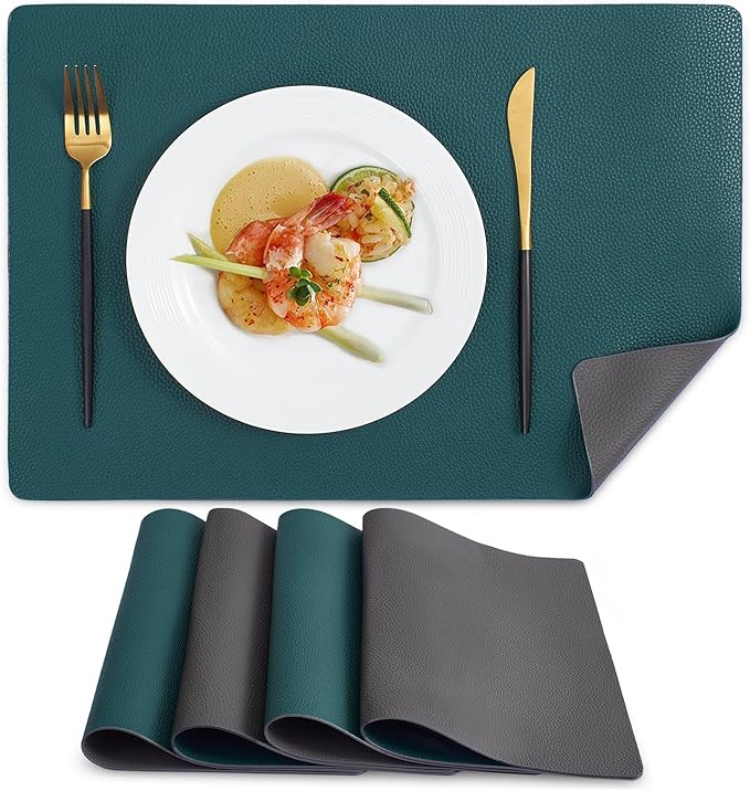 MOSAYT Vinyl Placemats Set of 4, Heat Resistant Place Mats 100% Waterproof Washable & Wipeable Faux Leather Reversible Table Mats for Kitchen Dining Party Indoor Outdoor, 12" x 17", Grey/Teal
