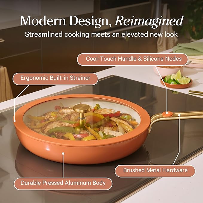 Our Place 17-Piece Essentials Complete Cookware Set - Ceramic Fry Pans, Saucepans, Sauté Pan, Stock Pot, Strainer Basket & Modular Storage | Thermakind™ Nonstick, Oven Safe up to 450°F | Terracotta