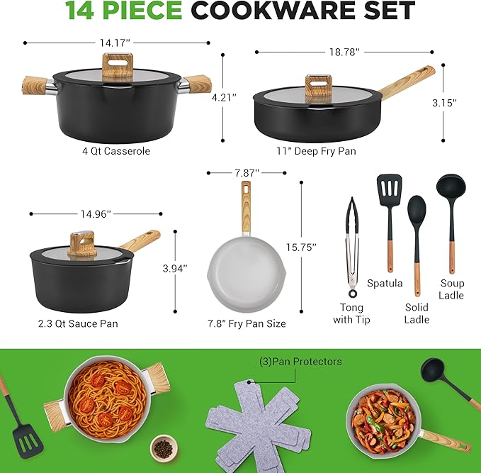 NutriChef 14-Piece Non-Stick Ceramic Cookware Set - Induction Safe Pots and Pans with Glass Lids, Cool-Touch Handles, Even Heat Distribution, Dishwasher Safe, Includes Ladle, Tong, Spatula (Black)