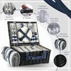 Picnic Basket Set for 4 with Waterproof Blanket Mat Insulation Bag Wicker Classic Navy Blue Black Stripe Gift for Wedding Birthday Summer Camp Outdoor Camping Travel Christmas Thanksgiving