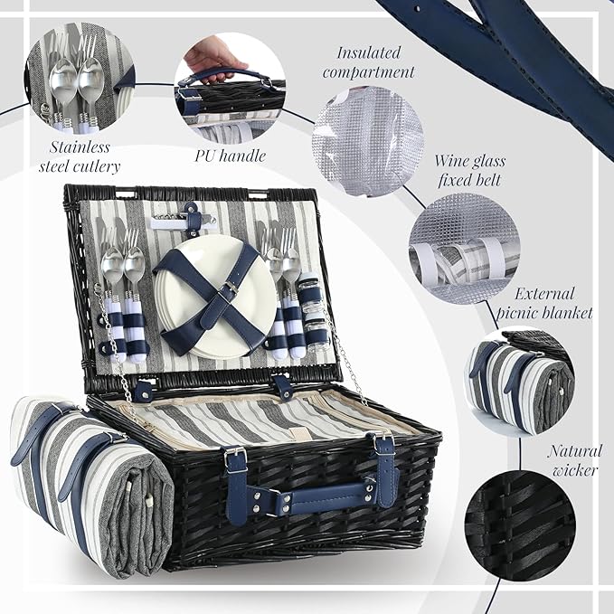 Picnic Basket Set for 4 with Waterproof Blanket Mat Insulation Bag Wicker Classic Navy Blue Black Stripe Gift for Wedding Birthday Summer Camp Outdoor Camping Travel Christmas Thanksgiving