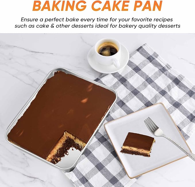 Herogo Rectangle Cake Pan Set of 2, 9 X 12 Inch Stainless Steel Baking Pan for Oven, Lasagna Brownies Casseroles Cakes Bakeware, Dishwasher Safe
