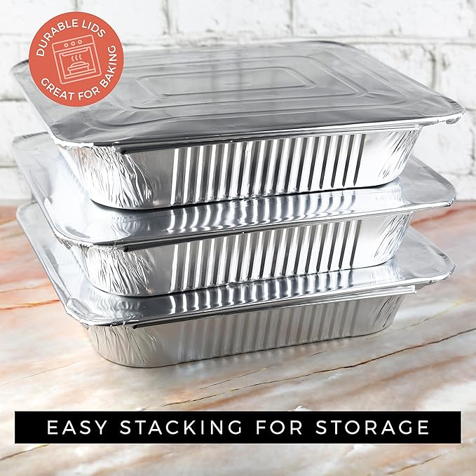 NYHI 9x13 Disposable Aluminum Foil Pans With Lids Large Half Size Deep Steam Pan and Oven Buffet Trays Food Containers for Catering Baking Roasting (1)