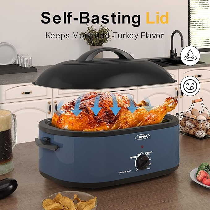 Sunvivi 22lb 18-Quart Roaster Oven, Electric Roaster Oven with Self-Basting Lid, Turkey Roaster with Unique Defrost/Warm Function, Large Roaster with Removable Pan & Rack, Stainless Steel, Blue