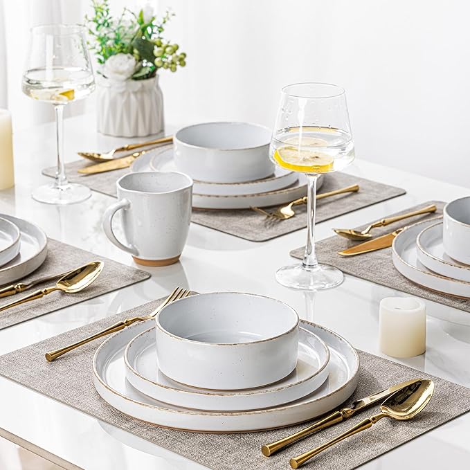 AmorArc Ceramic Dinnerware Sets for 8, 24 Pieces Handpainted Plates and Bowls Set with Rustic Terracotta Underside, Scratch Resistant Stoneware Dishes Set, Dishwasher & Microwave Safe