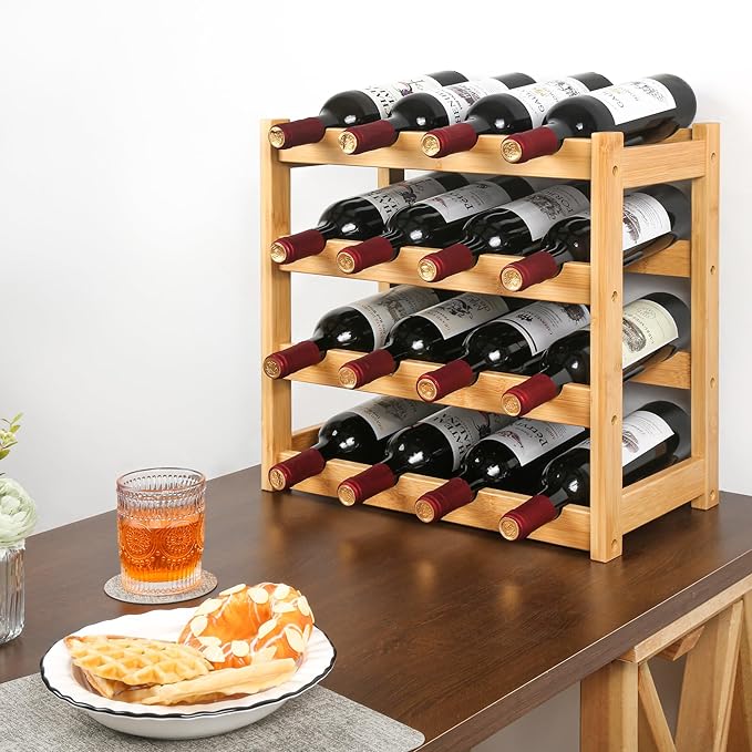 VASMIA Wine Rack, 4-Tier Bamboo Wine Racks Countertop,Sturdy and Durable Wine Storage Cabinet Shelf,16 Bottles Wine Holder for Kitchen Pantry, Natural