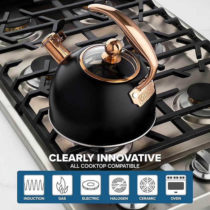 Viking 3-Ply Stainless Steel Tea Kettle, 2.6 Quart Stovetop Hot Water Pot with Tempered Glass Lid, Ergonomic Handle, Induction Ready, Matte Black and Copper