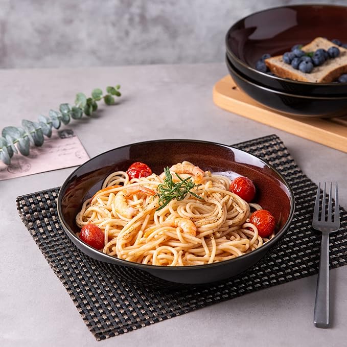 LERATIO Pasta Bowls,Ceramic 38oz Pasta Bowls,9.0" Reactive Glaze Pasta Bowl Set of 6,Microwave & Dishwasher,Oven Safe,Large Wide Serving Bowls for Salad, Dessert,Pizza,Fruit -Red