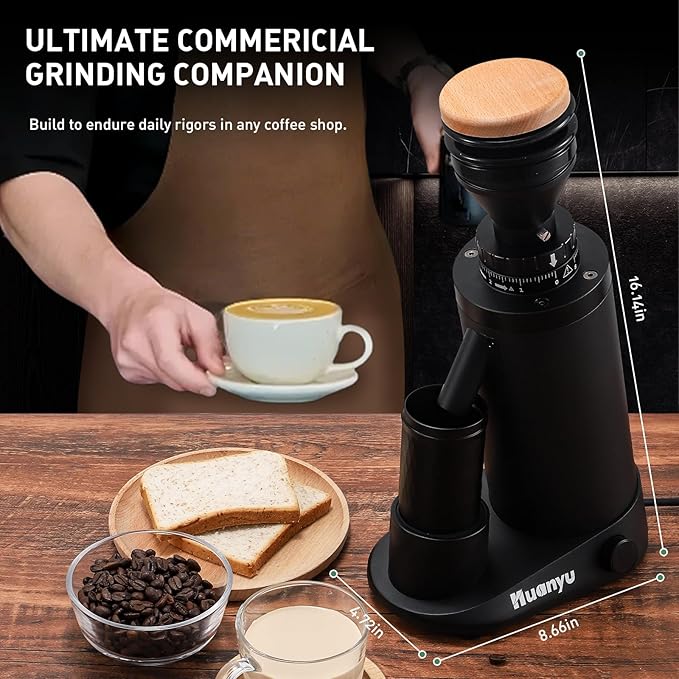 Huanyu Professional Coffee Grinder Adjustable RPM, Time-Based Dosing, Stainless Steel Flat Burr with 8 Stepless Grinding Settings