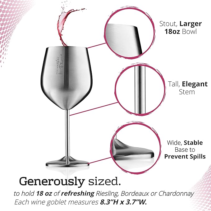 Gusto Nostro Stainless Steel Wine Glass - 18 oz - Cute, Unbreakable Wine Glasses for Travel, Camping and Pool - Fancy, Unique and Cool Portable Metal Wine Glass for Outdoor Events, Picnics (Set of 4)