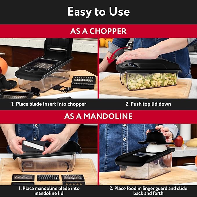 Fullstar Mandoline Slicer for Kitchen - Vegetable Chopper, Onion Potato Food Veggie Fruit Slicer and Cutter with Container, Kitchen Gadgets & Accessories, Home Essentials (All in 1, Black)