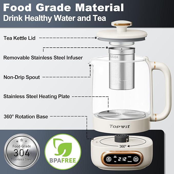 Topwit Electric Tea Kettle, 11 Temperature Control & 4 Presets Glass Kettle with Removable Infuser, 0.8L Electric Kettle for Coffee, Formula, Tea Maker with 8H Keep Warm, Boil-dry Protect, Beige