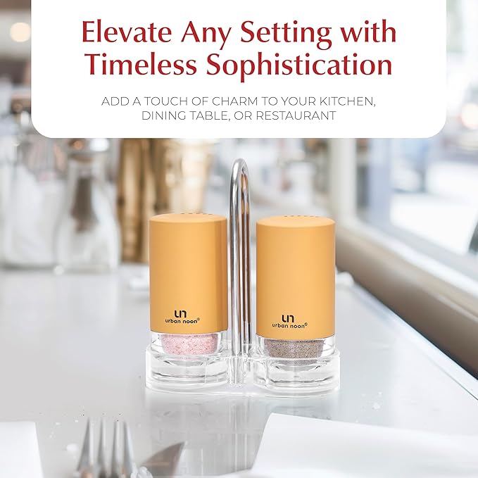 Yellow Salt and Pepper Shakers with Holder - Elegant Stainless Steel Salt Shaker and Pepper Shaker Set with Acrylic Holder for Kitchen Counter or Restaurant Table