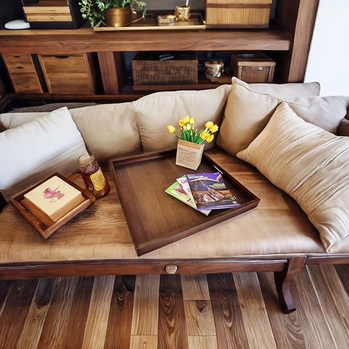 24x24 inches Square Walnut Wooden Ottoman Tray, Large Living Room Serving Tray