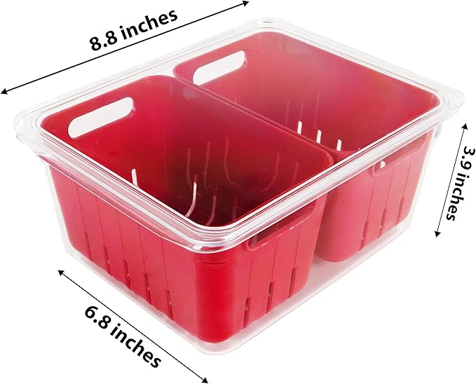 Kitchen Spaces Twin Colander Food Storage Container, Strainer and Fridge Organizer Bin for Fruits and Veggies, Stackable, BPA-Free