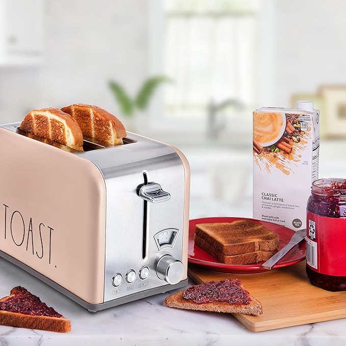 Rae Dunn Toaster, Stainless Steel 2 Slice Square Toaster, Wide Slot with 5 Browning Levels, with Bagel, Defrost and Cancel Options (Blush)
