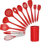 LIANYU 12-Piece Red Silicone Kitchen Cooking Utensils with Holder, Kitchen Tools Set Include Slotted Spatula Spoon Turner Ladle Tong Whisk, Dishwasher Safe